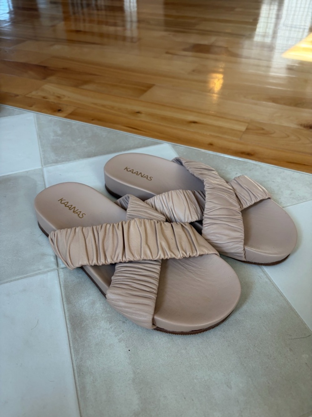 Kaanas Ruched Cross-Strap Slide Sandals in Nude